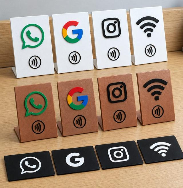Modelos de placas NFC para WhatsApp, Google, Instagram e Wi-Fi em branco, cobre e preto